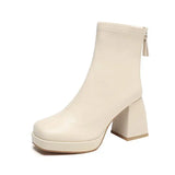 Women Ankle Boots Square High Heel Ladies Short Boots Woman Fashion PU Leather Round Toe Platform Boots Female