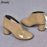 Women's Short Boots Casual Thick Heels Shoe High Heels Round Toe Rear Zipper Leather Boots All-match British Style Women's