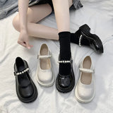 Buckle Mary Jane Shoes Thick-Soled Flat-Soled Spring Single Shoes Round Head White Bright Leather Small British Leather