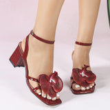 Breakj Women's High-Heeled Shoes Three-Dimensional Orchid Head Coarse Heel Night Party Wedding Campus Brick Red Sandals Spring And Summer