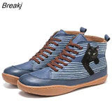 Products In Autumn and Winter of 2021 Women's Fashion Striped Cat Flat Shoes with High Top and Lace Up