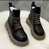 Shoes for Women with Laces Footwear Punk Style Booties Black Combat Lace-up Female Ankle Boots Pu Hot Free Shipping