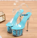 Women Sandals High Heels 17cm Fine heel Waterproof Sandals Female Shoes Flowers Platforms 7cm Transparent Crystal Wedding