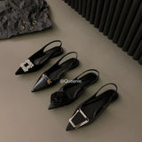 Flat-Bottomed Black Baotou Sandals Fairy Shoes 2023 New Spring And Summer Pointed Diamond Single