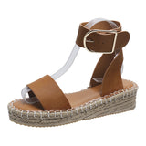 Breakj And Summer New Belt Buckle One-Word Slope Sandals Women's Flat Bottom Car Sewing Empty Dew Roman