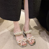 New Fashion Summer Shoes Women Daily Party Club Pearls Beaded Rhinestone Bowknot Design Chunky Heel Sandals Sandalias