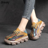 Retro Mixed Colors Pumps Women Shoes Genuine Leather 2023 New Spring Round Toe Lace-up Handmade Lesiure Platform