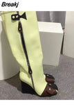 Women Chelsea Boots Luxury Designer Shoes Metal Decoration Rivet Women High Knee Boots Zipper-Sid Chunky Heels Western
