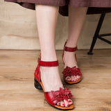 New Sandals National Wind Leather Women's Shoes Thick Heel Fish Mouth Mother Shoes Elderly Women's Shoes Soft Bottom