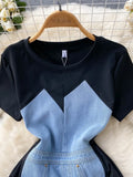 Casual Women Denim Patchwork Summer Dress Elegant O-neck Short Sleeve Slim Fit Back Split Midi Jeans Dress