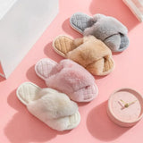 Winter New Furry Slippers Women Cross Strap Fluffy Fur Home Slides Woman Soft Sole Non Slip Indoor Floor Ladies Flip