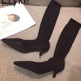 New Fashion Pointed Toe Thigh High Sock Boots Women Knitting Stretch Fabric Casual Low Thin Heels Over The Knee Shoes