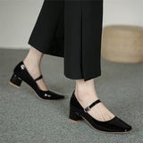 Autumn Women Buckle Mary Janes Shoes Patent Leather Dress Shoes High Heels Pumps Retro Ladies Shoe Black