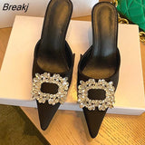 Sexy Pointed Toe Stiletto High Heels Mules Slippers Sandals Fashion Crystal Buckle Design Slip-On Pumps Women Shoes