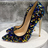 Blue Bling Sequins Women Sexy Extremely High Heels Pointed Toe Slip On Stiletto Chic Pumps Ladies Party Wedding