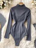 Women Knitted Bodysuits Autumn Sexy Club Outfits Zip-up Stand Collar Long Sleeve Hollow Out Slim Body Tops