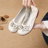 New Flat Bottom Low Heel Head Layer Cowhide Women's Shoes Ethnic Wind Flowers Leather Women's Single Shoes Middle-Aged And Elderly Mother