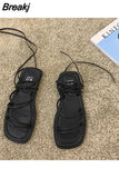 Womens Summer New 2023 Beach Fashion Sexy Flat Casual Cross Tie Open Toe Dress Fairy Black Roman Sandals Womens