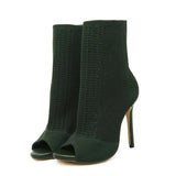 Ladies Peep Toe Stretch Fabric Knitting Ankle Boots Small Hole Hollow Out Breathable Dress Women High Heels Dance