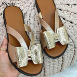 Women Shoes 2023 Summer Women Fashion Flat Color Blocking Bowknot Large Size Sandals Slippers PU Beach Outdoor
