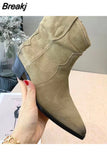 Women's Ankle Boots England Crude Heel Woman Boots Cow Leather Solid Color Pointed Toe Botas De Mujer Cowboy Boots For