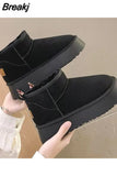 Women Shoes Suede Flats Platform Warm Causal Slippers 2023 New Autumn Winter Snow Boots Fur Round Toe Slingback Mujer