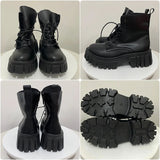 Chunky Platform Ankle Boots Women Pu Leather Square Heels Combat Boots Woman Lace Up White Black Short Booties