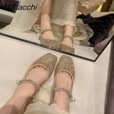 Crystal Pearl Flat Shoes Woman Square Toe Office Lady Luxury Shoes Big Size Mary Janes Shoes 2024 New Spring Single