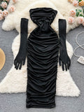 Sexy Women Strapless Backless Bodycon Dress Women Fashion Solid Slim Tight Fit Ruched Midi Party Dress with