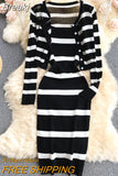 and White Striped Long Sleeve Knitted Sweater Cardigan and Spaghetti Strap Bodycon Midi Dress Suits Women Two Pieces