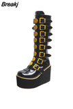 Size 43 Black Gothic Vampire Halloween Cosplay Punk Buckle Street Platform Wedge High Heel Boots Women Shoes