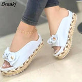 Women Woven Thick Sole Slippers Soft Stitching Ladies Sandals Comfortable Flat Sandals Women Open Toe Beach Shoes Woman