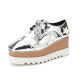 Autumn Women Patent Leather Stars Flat Platform Casual Shoes Fashion Lace Up Brogue Shoes Footwear Chaussures