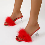 Summer New Solid Color Red High-heeled Women's Shoes Square Toe Open Toe Fluff Comfortable Sexy Slippers