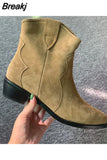 Women's Ankle Boots England Crude Heel Woman Boots Cow Leather Solid Color Pointed Toe Botas De Mujer Cowboy Boots For