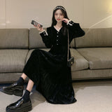 Vintage Dress Women Long Sleeve Solid Black Party Dress Female V-Neck Lace Midi Gothic Dress Autumn 2023 Office