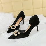 Breakj 79 Banquet Women's Shoes High Heel Suede Shallow Tip Side Hollow Water Diamond Buckle Pearl Bow Single