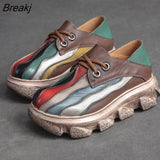 Retro Mixed Colors Pumps Women Shoes Genuine Leather 2023 New Spring Round Toe Lace-up Handmade Lesiure Platform