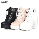 Boots Boots Women Round Toe Buckle Shoes Women High Heel Fashion Plus Size Square Heels Lacing 3 Colors
