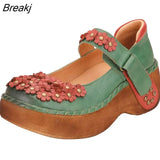 Retro Pumps Women Shoes Genuine Leather Hook & Loop 2023 New Spring Round Toe Floral Handmade Concise Platform