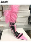 Gladiator Sandals Women Fur Shoes Summer Cross-tied High-heeled Sandals Ostrich Hair Decor Thin High Heels Shoes