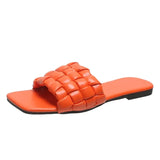 Fashion Design Weave Soft Slippers Women Summer 2023 Square Toe Flat Sandals Woman Plus Size Outdoor Beach Shoes