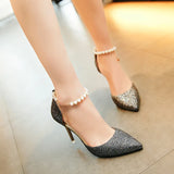 Women Summer 2024 New Korean Version Of The Pearl One-Word Buckle Pointed Sexy Stiletto High-Heeled