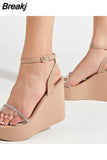 Summer 2023 New Arrivals Women's Sandals Peep Toe Wedge High Heels Slipper Shiny Rhinestones Comfy Walking