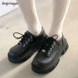 shoes Women Oxfords Spring Autumn Casual Platform Shoes Black Lace Up Leather Shoe Sewing Fashion Round Toe Chunky