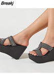 Summer 2023 New Arrivals Women's Sandals Peep Toe Wedge High Heels Slipper Shiny Rhinestones Comfy Walking
