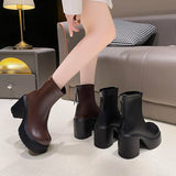 Women Chunky High Heels Ankle Boots Pu Leather Thick Platform Gothic Booties Woman Back Zipper Short Boots Female