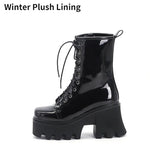 Boots Women Chunky Heel Rose Red Black Shoes Antumn Winter Patent Leather Combat Goth Lace Up Punk Ankle