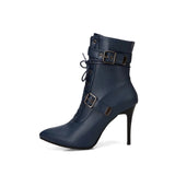 Winter 2023 Mid-Calf Boots Women Pointed Toe Super High and Thin Heel Shoes Buckle Cross-Tied Decorate Size 3~19