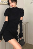 Knitted Bodycon Dress Sexy Puff Sleeve Sweater Mini Dress Women Evening Party One Piece Dress Korean Spring Clothing